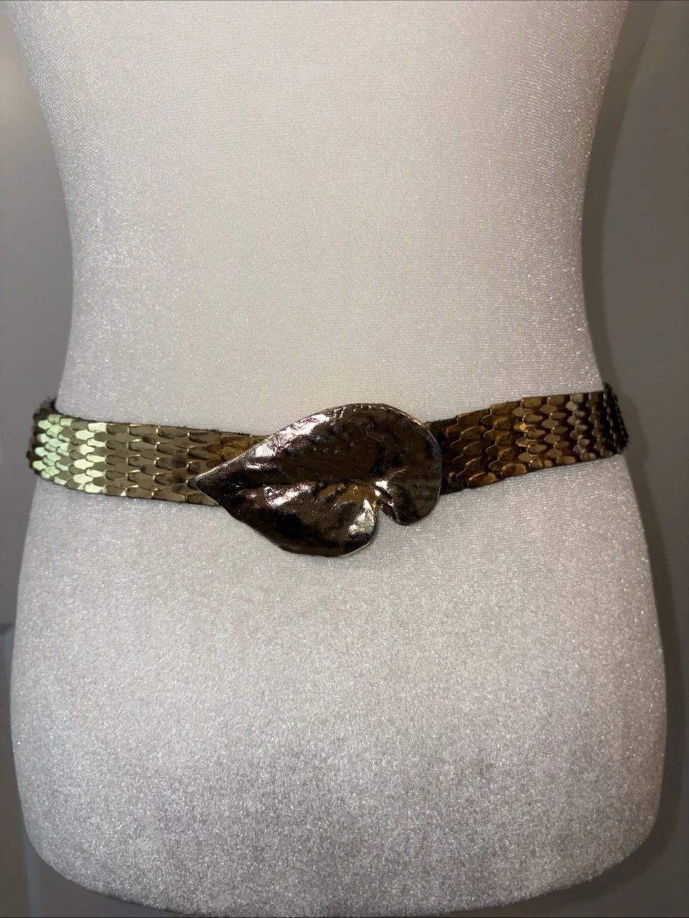 Metallic Gold Leaf Buckle Stretch Belt - Women Accessories Hook and Slit Clasp
